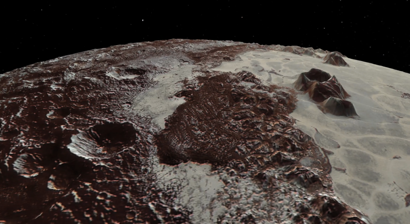 A dramatic view showing the rugged high rim of the Sputnik Planitia basin and the nitrogen-methane ice sheet that partially fills its floor.